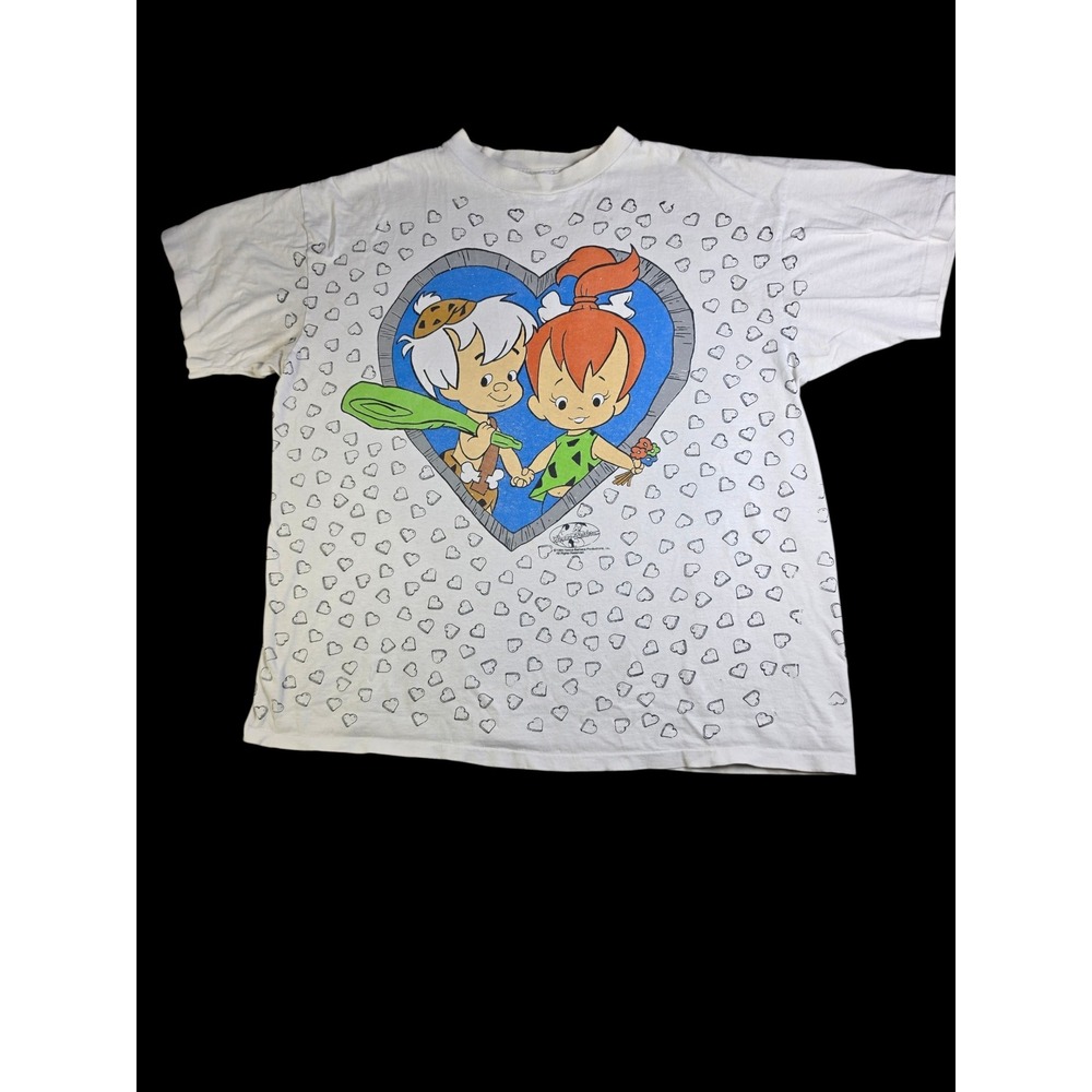 Vintage White Heart All Over Print T-Shirt Short Sleeve Crewneck Single Stitch